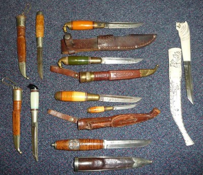 Lot 196 - A Collection of Seven Various Scandinavian Hunting Knives, one with bone grip and scabbard, six...