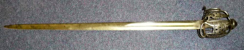 Lot 209 - A Scottish Basket Hilted Broadsword, with 87cm double edge fullered steel blade, the steel hilt...