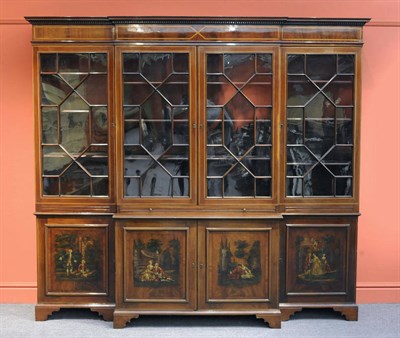 Lot 1585 - A Mahogany, Satinwood Banded and Ebony Strung Breakfront Bookcase, late 19th century, the...