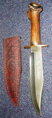 Lot 265 - A Modern Large Bowie Knife by Oakmoon, Acorn Forge, Sheffield, the 25cm hatchet tip steel blade...