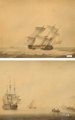 Lot 668A - Samuel Atkins (fl.1787-1808) Frigate and Other Boats in a Calm off a Coastline; "Vessels in a...