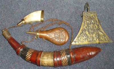 Lot 352 - A North African Powder Horn, partially wrapped in black and tan leather with chequered...