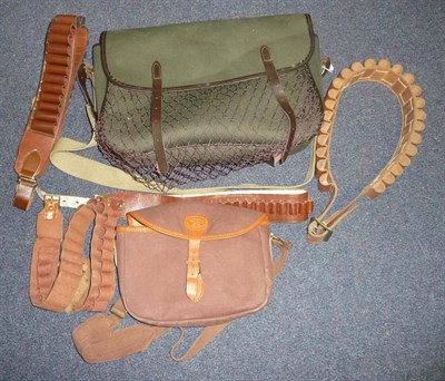 Lot 360 - Shotgun Accessories, comprising a green canvas game bag, a Pointer leather trimmed canvas cartridge