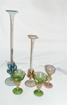 Lot 7 - A Venetian Opalescent and Turquoise Glass Slender Trumpet Vase, circa 1890, upon an open crown form