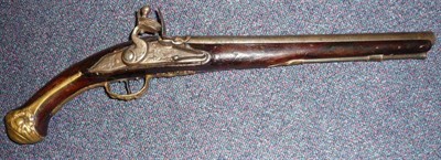 Lot 425 - An 18th Century Continental Flintlock Holster Pistol, the 32cm steel barrel bearing traces of...