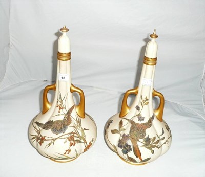 Lot 13 - A Pair of Worcester Porcelain Lobed Vases and Covers, 1883, with spire finials, each gilded...
