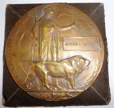 Lot 5 - A First World War Memorial Plaque, awarded to MAURICE BAMBER, in original cardboard envelope