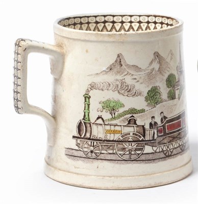 Lot 15 - Steam Train Interest: A Staffordshire Pottery Transfer Printed Pint Mug, circa 1850-60, of slightly