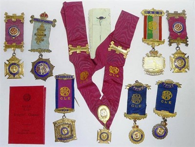 Lot 78 - A Collection of RAOB Regalia, comprising six silver gilt and enamel breast jewels, a gilt metal and