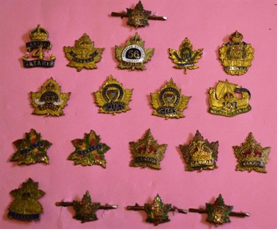 Lot 85 - A Display of Nineteen Canadian Regimental Sweetheart Brooches, in brass and enamel, comprising...