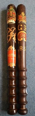 Lot 147 - A George V Police Truncheon by Hiatt & Co., Birmingham, in mahogany, the body painted with...