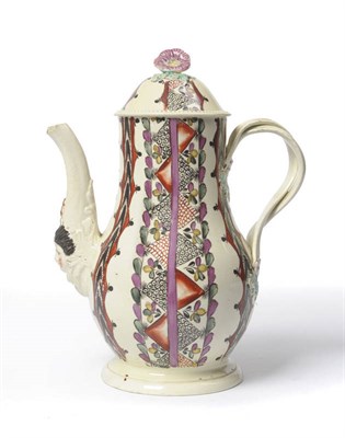 Lot 30 - A Leeds Creamware Coffee Pot and Cover, probably decorated in the Rhodes Workshops, circa 1775,...