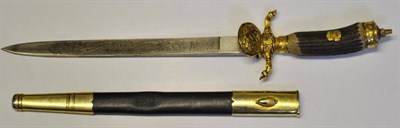 Lot 215 - A Copy of a German Third Reich Hunting Dagger, with etched steel blade, gilt metal hilt with antler