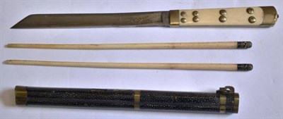 Lot 235 - A Japanese Bone Handled Eating Set,  comprising a knife and a pair of chopsticks, in a shagreen...