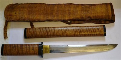 Lot 240 - A Japanese Tanto Dagger, with 24cm single edge steel blade, brass one piece habaki with oval stamp