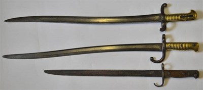 Lot 258 - Two French Model 1866 ";Chassepot"; Yataghan Sword Bayonets, each with Chatellerault steel...