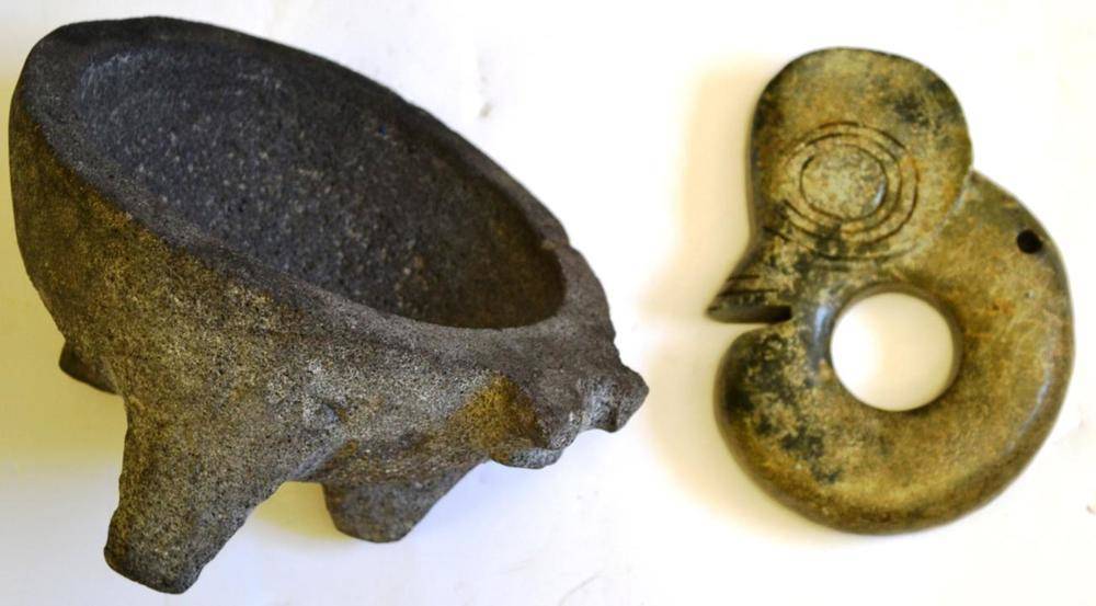 Lot 445 - A Green Soapstone Amulet, possibly South Sea Islands, carved as an abstract figure of ring...