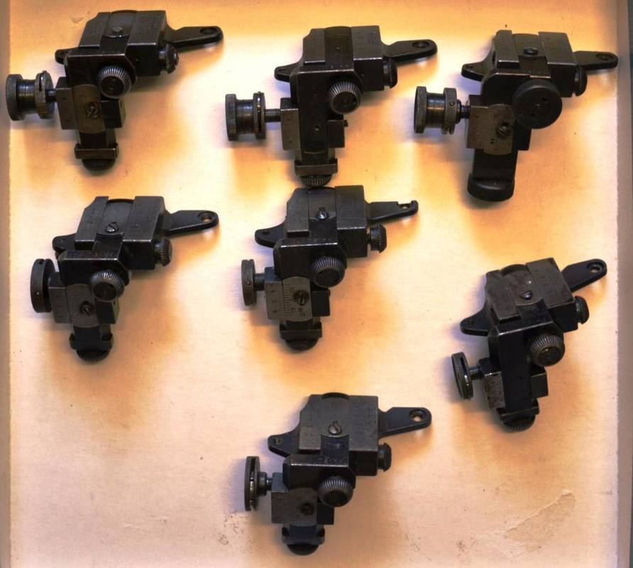 Lot 508 - Seven Parker Hale PH.5C Target Sights, three with PH60 tubular eyepieces, four with peephole...