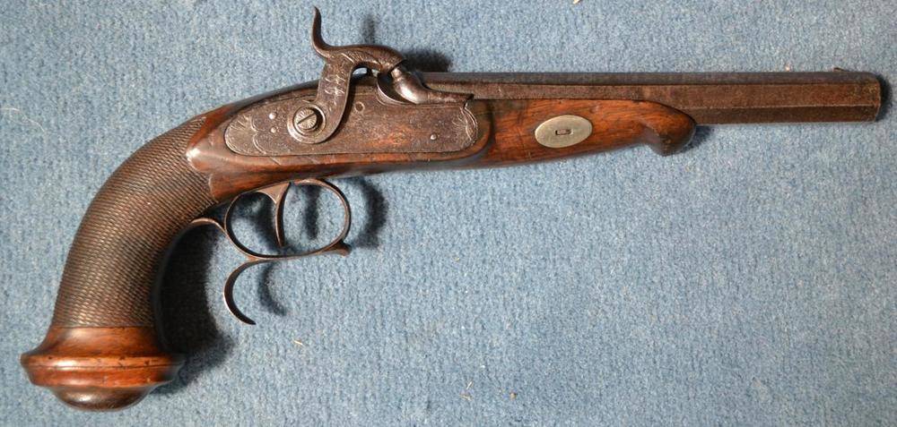 Lot 581 - A 19th Century Belgian Percussion Cap Target Pistol, the 19cm octagonal steel barrel bearing traces