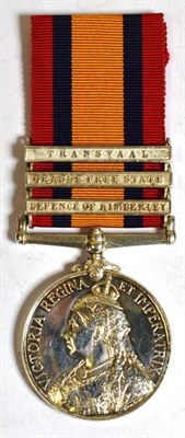 Lot 25 - A Queen's South Africa Medal, with three clasps DEFENCE OF KIMBERLEY, ORANGE FREE STATE and...