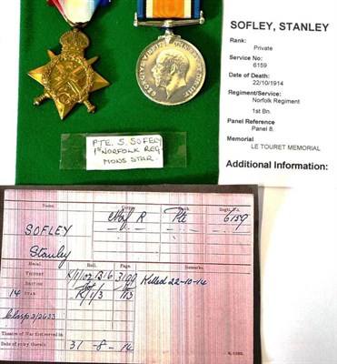 Lot 47 - A First World War `Mons' Pair, awarded to 6159 PTE.S.SOFLEY. NORF.R., comprising 1914 Star...