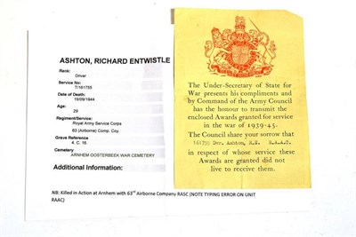 Lot 57 - A Medal Slip to 161755 DVR. ASHTON, R.E., R.A.S.C.  Richard Entwistle Ashton was killed in...