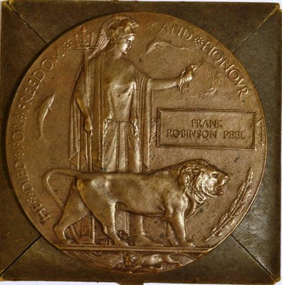 Lot 61 - A First World War Memorial Plaque, awarded to FRANK ROBINSON PEEL, in cardboard envelope of issue