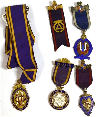Lot 75 - Four Independent Order of Oddfellows Manchester Unity Jewels, in 9 carat gold (1), silver gilt...