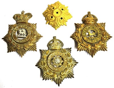 Lot 88 - Three OR Brass Helmet Plates, to the East Yorkshire Regiment, Leicestershire Regiment and West...
