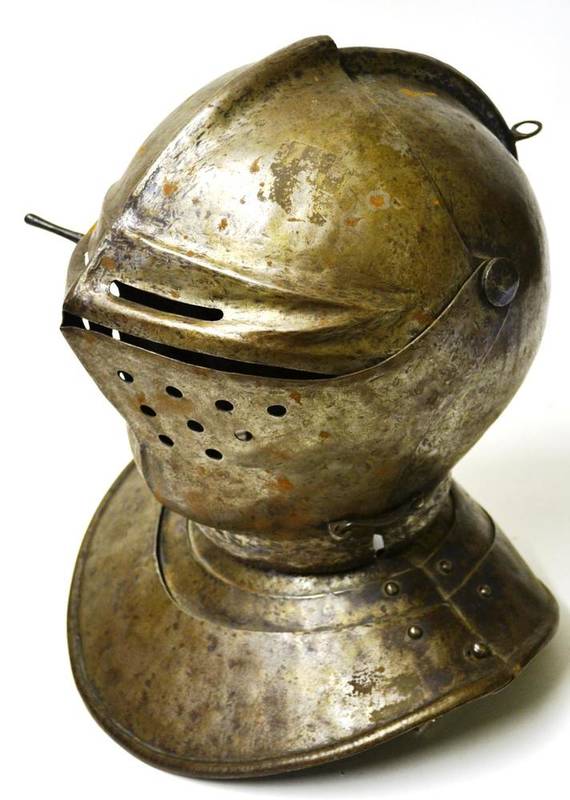 Lot 213 - A Copy of a Late 15th Century Steel Armet, with rounded comb, hinged pierced visor and triple plate