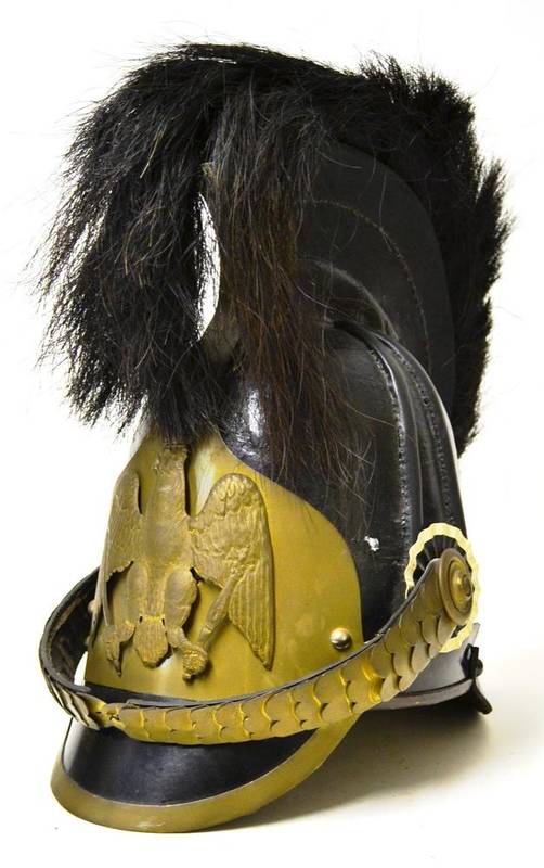 Lot 214 - A Copy of a Belgian Leather Cavalry Helmet, with horsehair comb, brass helmet plate and chin scales