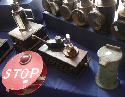 Lot 120 - Six Items of Railway Memorabilia, comprising an early japanned tinplate candle powered hand...