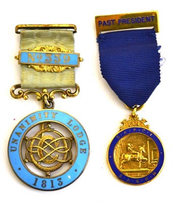 Lot 73 - A Silver Gilt and Blue Enamel Unanimity Lodge 1813 Breast Jewel, with ribbon clasp No.339; an...