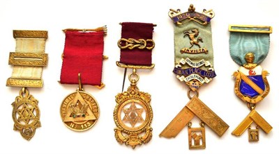 Lot 85 - Five Masonic Breast Jewels, comprising a silver gilt Royal Arch Companions jewel, a silver gilt and