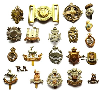 Lot 107 - A Collection of Twenty Military Cap Badges, in brass and white metal, and a brass Welsh Guards belt