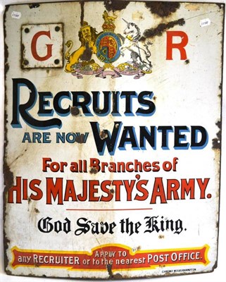 Lot 138 - An Edwardian/George V Enamelled Metal Recruiting Sign, of vertical rectangular form, decorated with