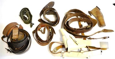 Lot 151 - Five Leather Sam Brownes, post Second World War, four other belts, a RMP pistol holster and...