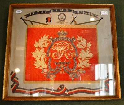 Lot 157 - A Victorian Soldier's Needlework Picture to the XV The King's Hussars, the central red satin...