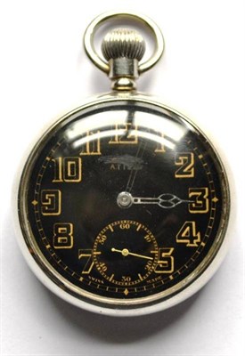 Lot 159 - A Rolex Silver Plated Military Pocket Watch, top wind, the circular black enamel dial with gilt...