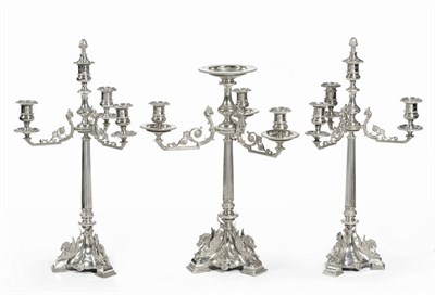 Lot 157 - A Set of Three Late Victorian Silver Plated Three-Branch Table Candelabrum, comprising central...