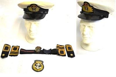 Lot 179 - Two Royal Navy Officer's Peaked Caps, each with white top, black woven hatband and bullion...