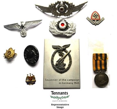 Lot 202 - A Small Quantity of  Militaria, including German Third Reich cap badge, Anti-aircraft badge and...