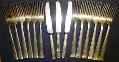 Lot 213 - A Set of Twelve German Third Reich Silver Table Forks and Three Dessert Knives by Bruckmann,...