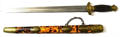 Lot 226 - A 19th Century Chinese Short Sword, the 42cm plain double edge steel blade of flattened diamond...