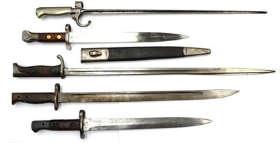 Lot 238 - Five Bayonets:- Pattern 1888 MkI, Type 2 ";Lee-Metford"; with steel mounted leather scabbard;...