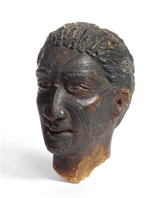 Lot 326 - A 20th Century Carved Resin Head of an Oceanic Tribesman, with kirituhi type decoration to the...