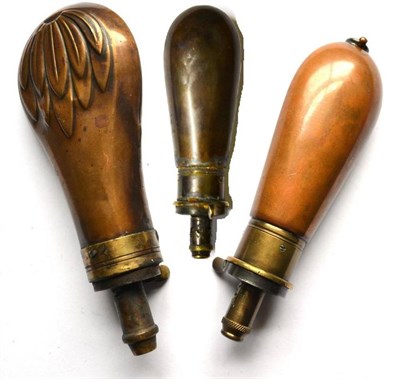 Lot 343 - A 19th Century Copper Pistol Flask, embossed with palm leaves, with external steel spring and brass