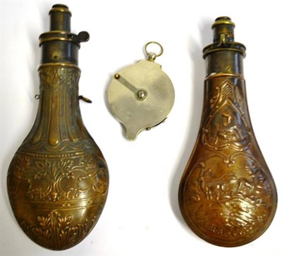 Lot 346 - A 19th Century Sykes Patent Copper Powder Flask, embossed with sycamore and acanthus leaves,...