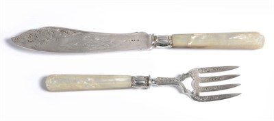 Lot 187 - A Pair of Victorian Fish Servers, John Gilbert, Birmingham 1880, carved mother-of-pearl handles and