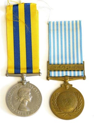 Lot 28 - A Korea Medal, 1951, awarded to 22707406 PTE.G.W.H.TORDOFF. D.W.R., and a United Nations Korea...